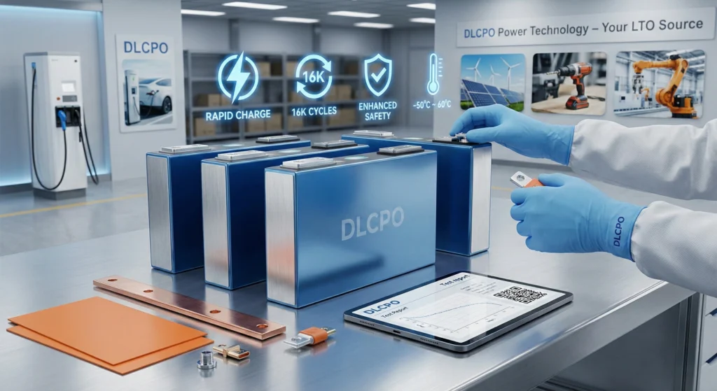 High-performance blue LTO battery cells by DLCPO featuring 16,000 deep cycles, rapid charging, and extreme temperature range from -50°C to 60°C for industrial and EV applications.