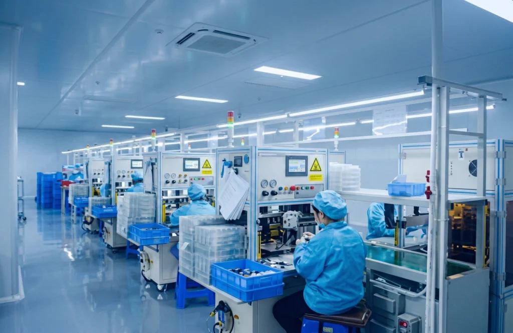 Instalação de sala limpa da DLCPO apresentando padrões rigorosos de IPQC e linhas de produção automatizadas de baterias de polímero de lítio em Dongguan.