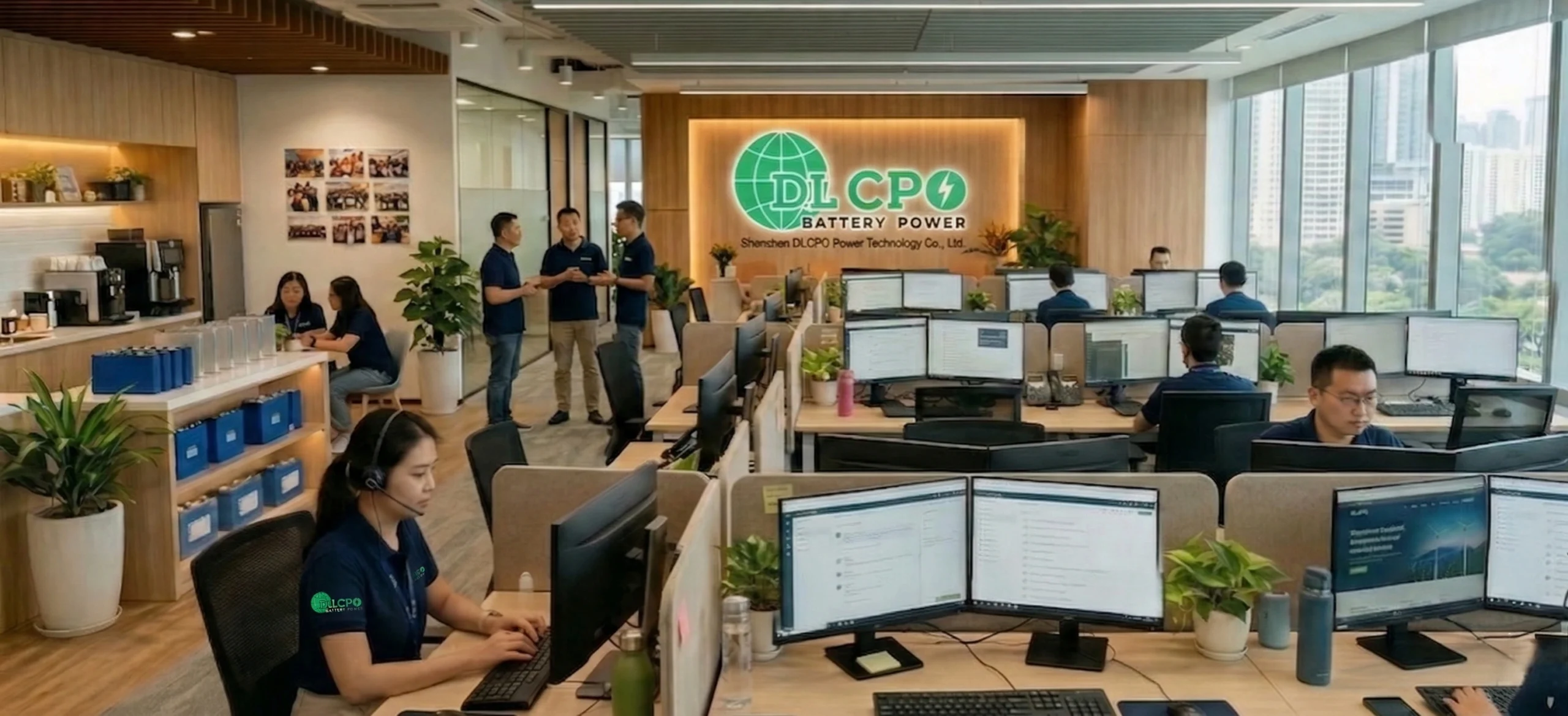 A equipe de profissionais da sede da DLCPO Battery Power, em Shenzhen, oferece suporte especializado ao cliente e consultoria técnica para soluções de baterias LiFePO4.