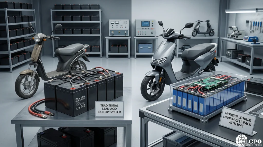 Uma comparação entre as baterias tradicionais de chumbo-ácido e as modernas de LiFePO₄, explicando o excesso de oferta de baterias de lítio no mercado de patinetes elétricos.