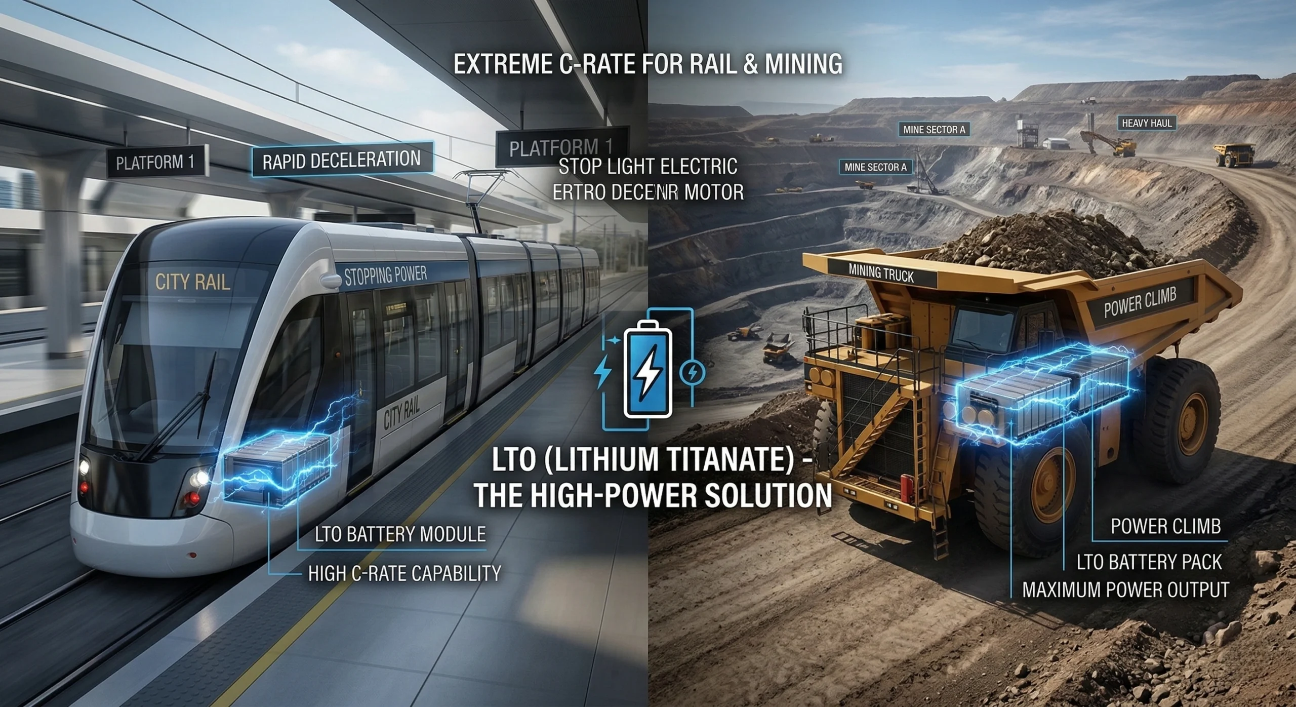 Um moderno veículo urbano leve sobre trilhos que utiliza um conjunto de baterias DLCPO LTO de alta potência para recuperação rápida de energia durante a frenagem e aumento de alta corrente durante a aceleração. Ideal para uso industrial pesado 24 horas por dia, 7 dias por semana.