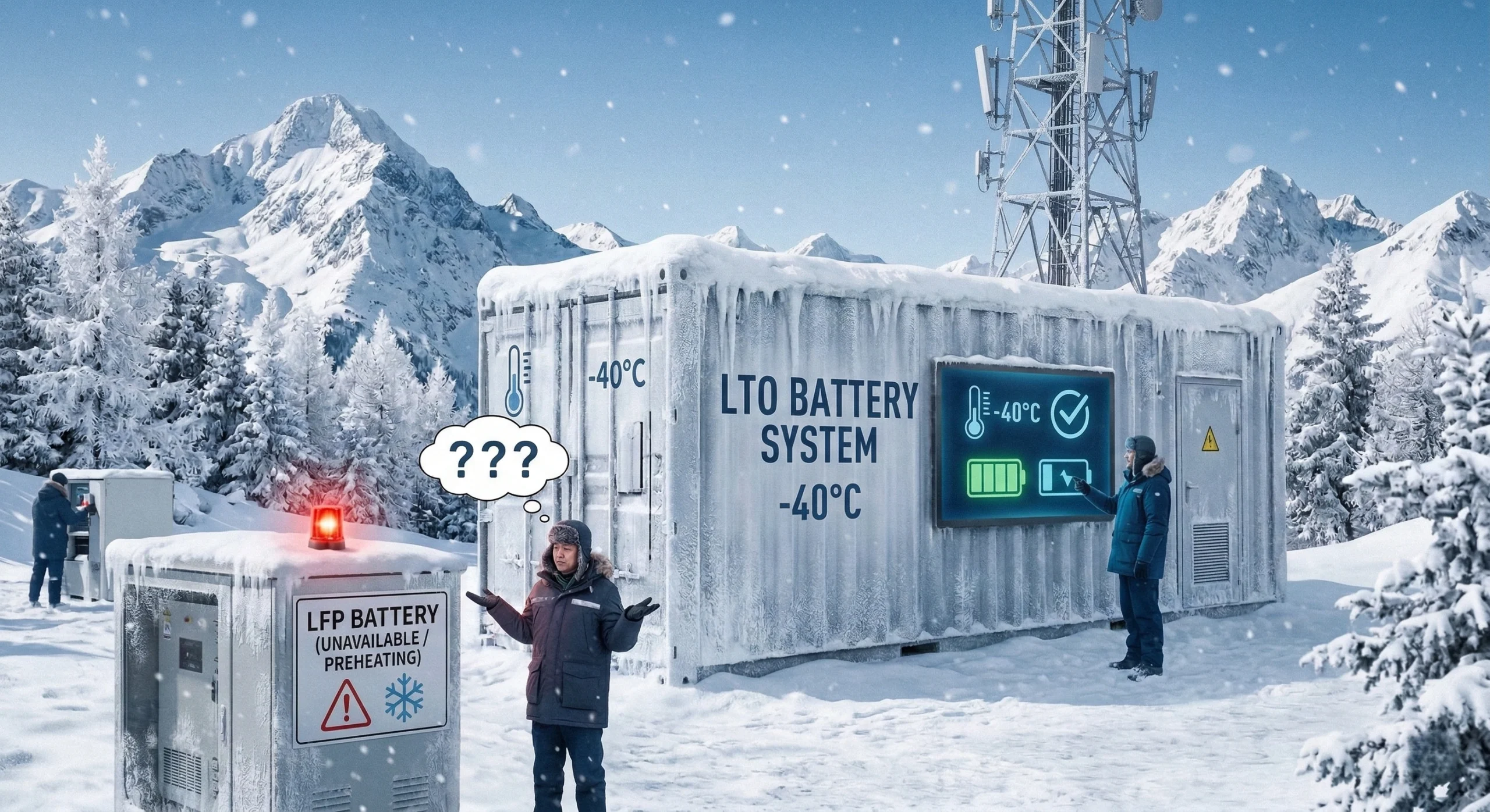 Um contêiner de bateria LTO (titanato de lítio) em escala de serviços públicos da DLCPO implantado em um ambiente ártico com neve. Projetado para operar com eficiência a -40°C sem degradação da capacidade, ideal para suporte de rede de alta latitude.