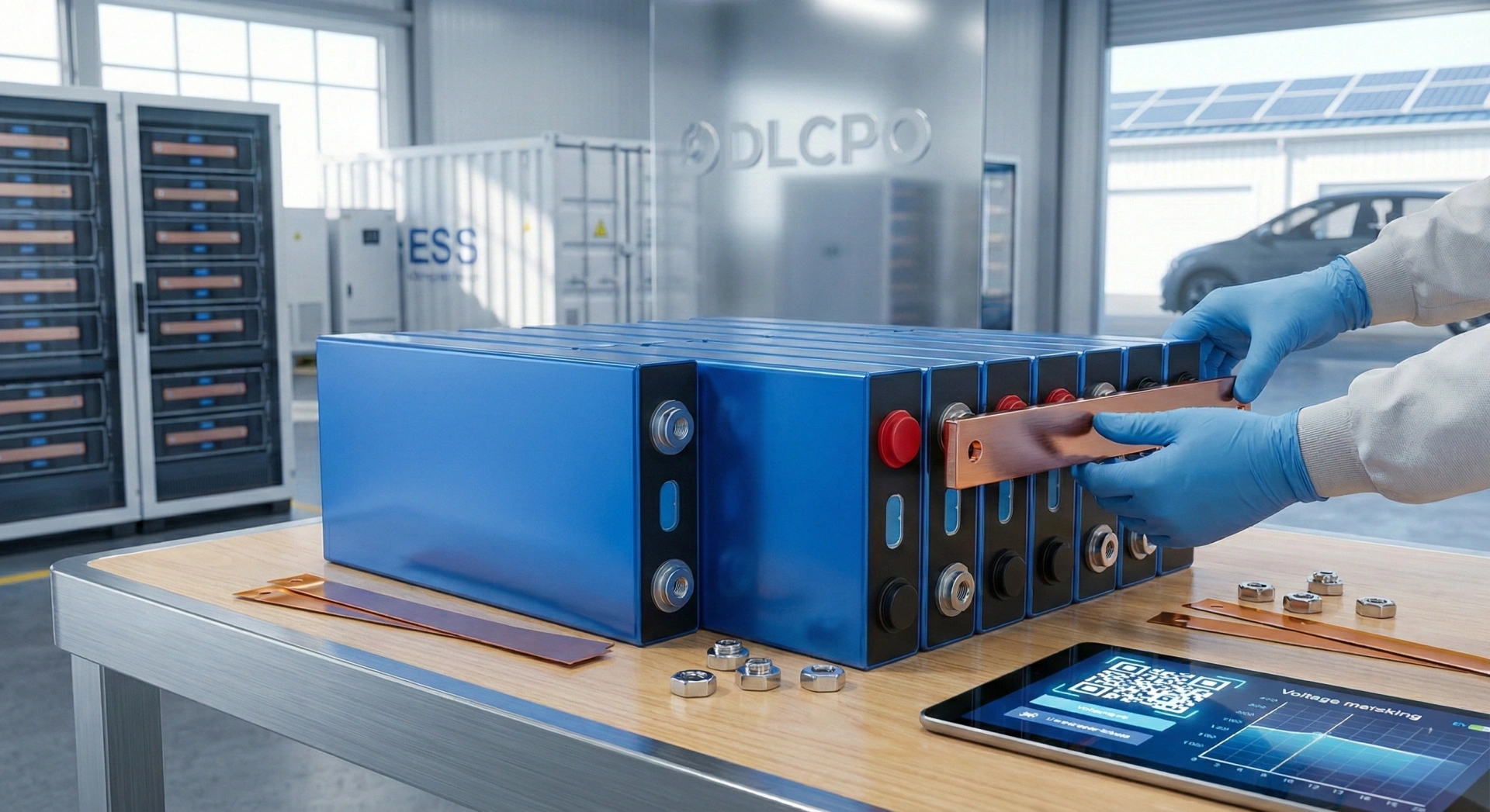 Montagem profissional de células de bateria LiFePO4 prismáticas azuis de grau A com barramentos de cobre em uma estação de trabalho técnica no armazém da DLCPO.