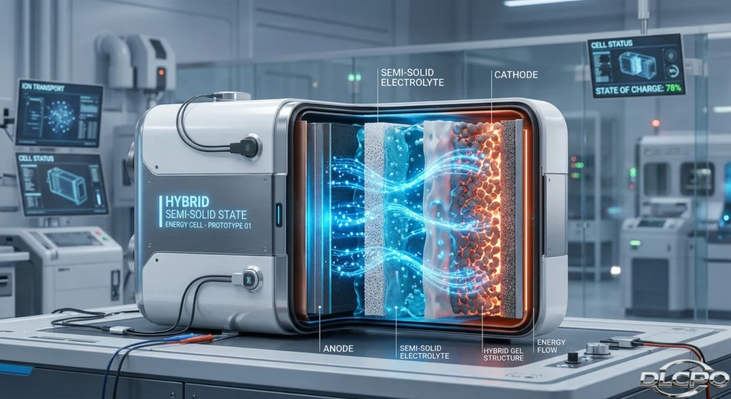 Seção transversal de uma bateria de estado semissólido mostrando o eletrólito de gel híbrido e o fluxo de energia entre os eletrodos em um sistema avançado de armazenamento de energia